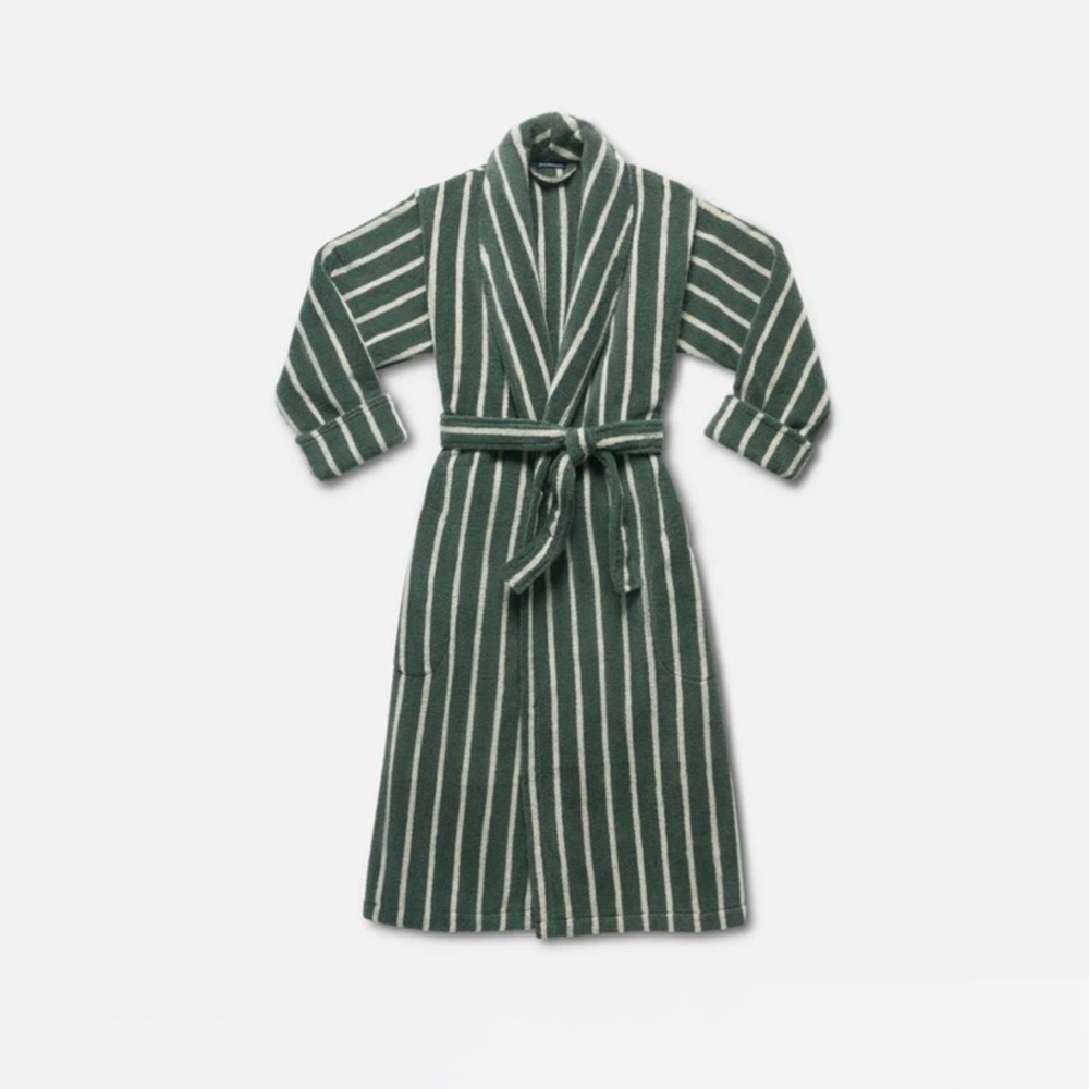 Brooklinen Green and White Striped Shawl-Collar Robe with Belt
